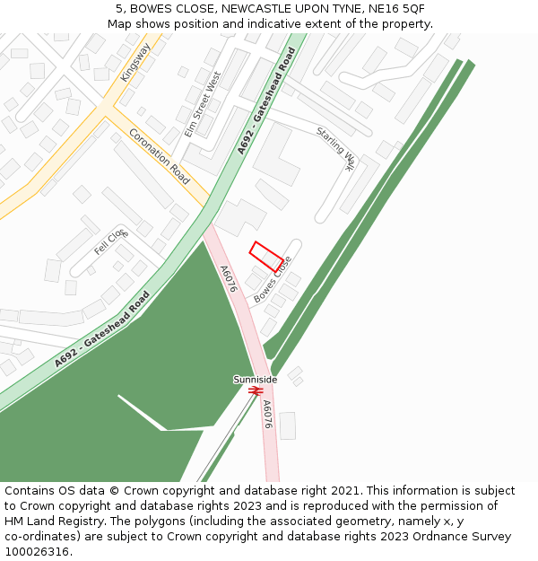 5, BOWES CLOSE, NEWCASTLE UPON TYNE, NE16 5QF: Location map and indicative extent of plot