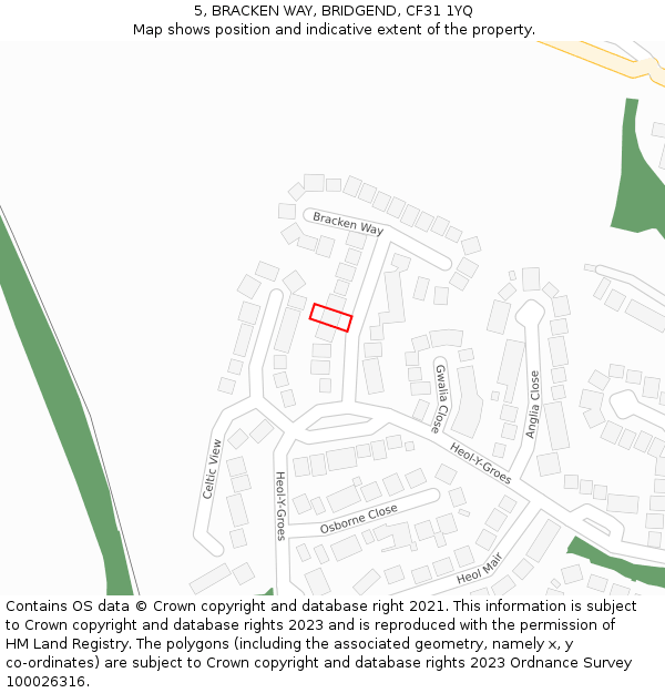 5, BRACKEN WAY, BRIDGEND, CF31 1YQ: Location map and indicative extent of plot