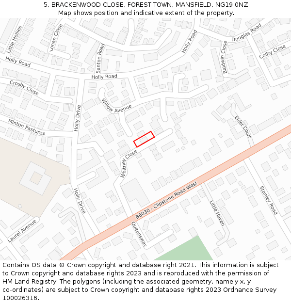 5, BRACKENWOOD CLOSE, FOREST TOWN, MANSFIELD, NG19 0NZ: Location map and indicative extent of plot