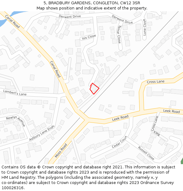 5, BRADBURY GARDENS, CONGLETON, CW12 3SR: Location map and indicative extent of plot