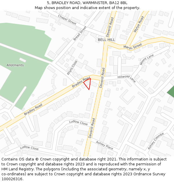 5, BRADLEY ROAD, WARMINSTER, BA12 8BL: Location map and indicative extent of plot