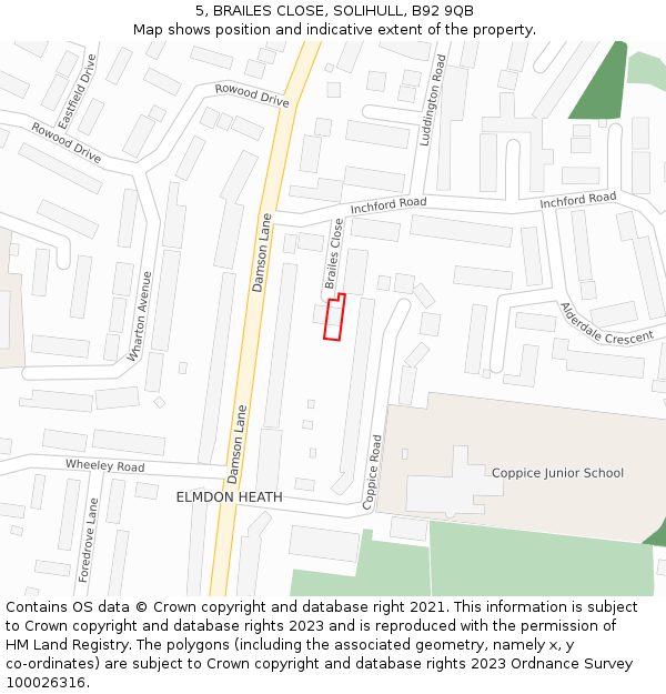 5, BRAILES CLOSE, SOLIHULL, B92 9QB: Location map and indicative extent of plot