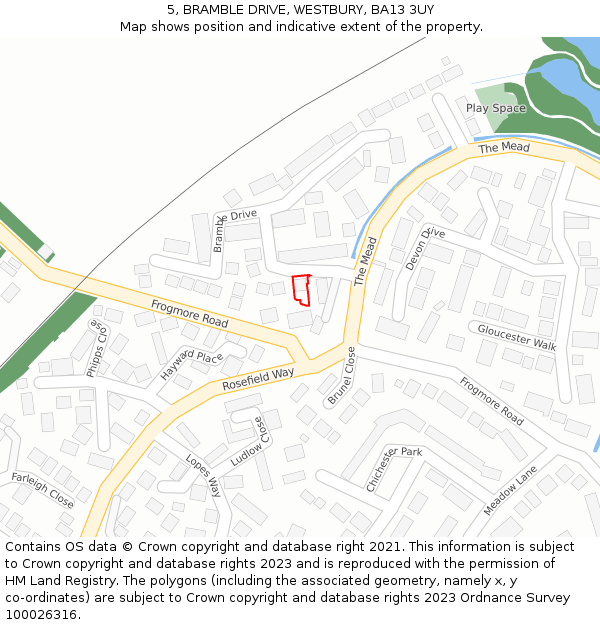 5, BRAMBLE DRIVE, WESTBURY, BA13 3UY: Location map and indicative extent of plot