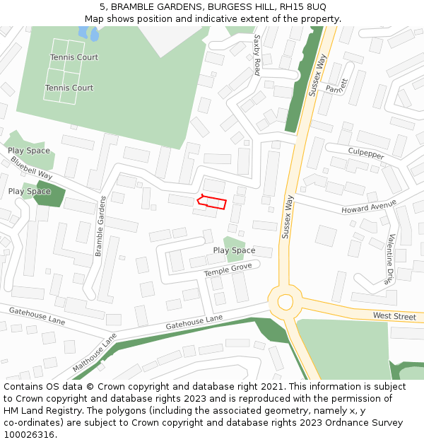 5, BRAMBLE GARDENS, BURGESS HILL, RH15 8UQ: Location map and indicative extent of plot