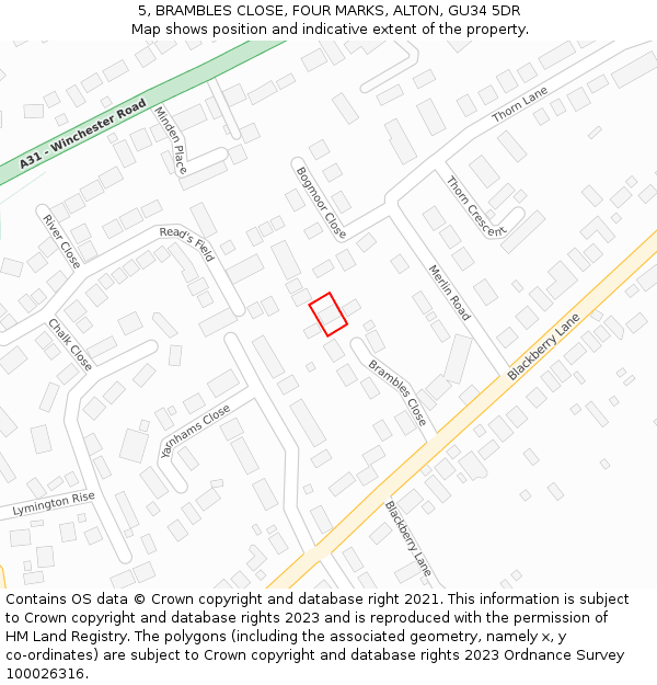 5, BRAMBLES CLOSE, FOUR MARKS, ALTON, GU34 5DR: Location map and indicative extent of plot