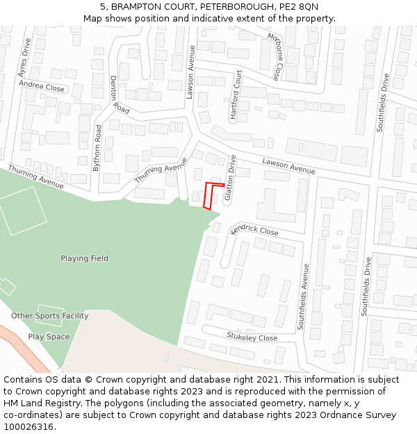5, BRAMPTON COURT, PETERBOROUGH, PE2 8QN: Location map and indicative extent of plot