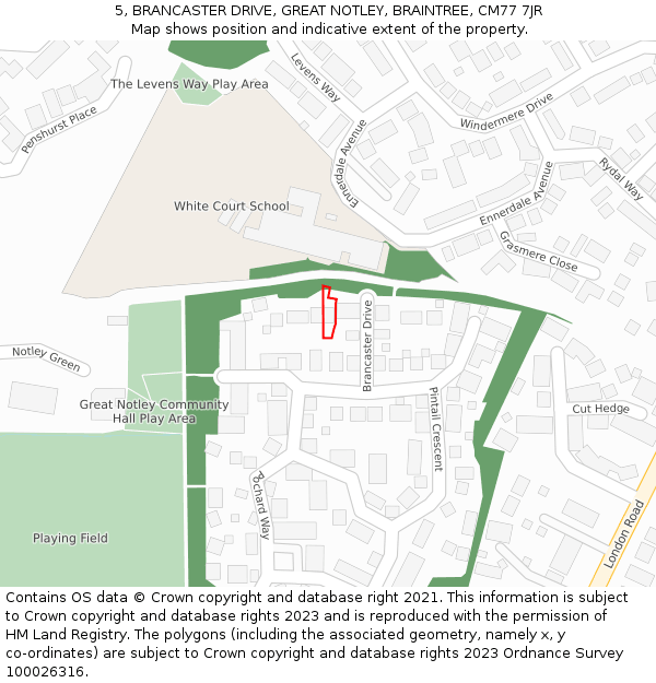 5, BRANCASTER DRIVE, GREAT NOTLEY, BRAINTREE, CM77 7JR: Location map and indicative extent of plot