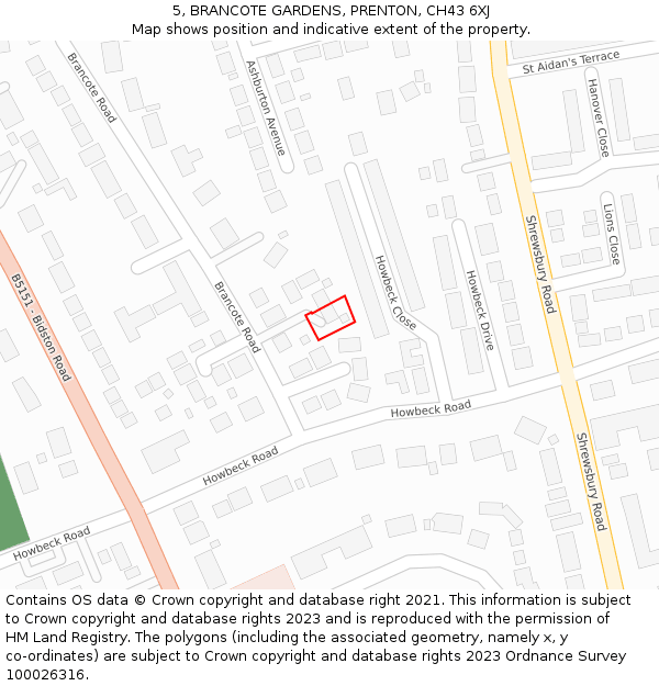 5, BRANCOTE GARDENS, PRENTON, CH43 6XJ: Location map and indicative extent of plot