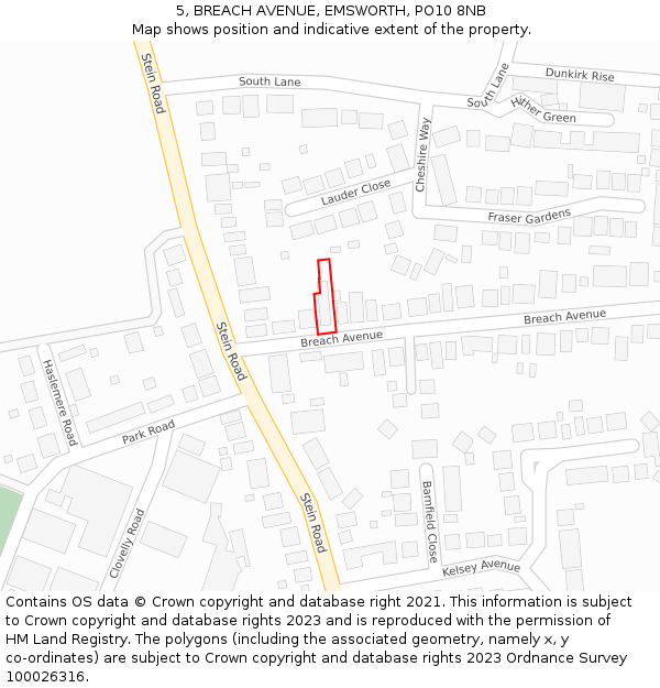 5, BREACH AVENUE, EMSWORTH, PO10 8NB: Location map and indicative extent of plot