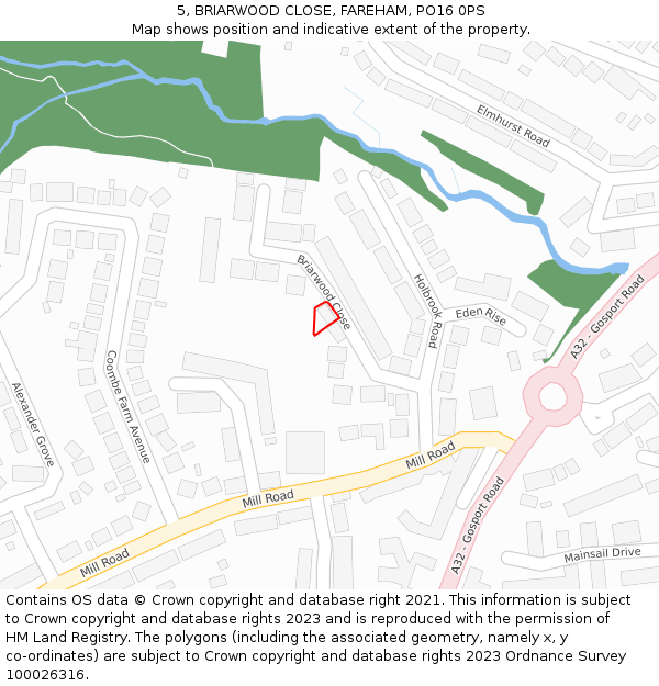 5, BRIARWOOD CLOSE, FAREHAM, PO16 0PS: Location map and indicative extent of plot