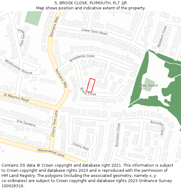 5, BROOK CLOSE, PLYMOUTH, PL7 1JR: Location map and indicative extent of plot