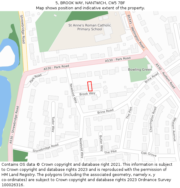 5, BROOK WAY, NANTWICH, CW5 7BF: Location map and indicative extent of plot