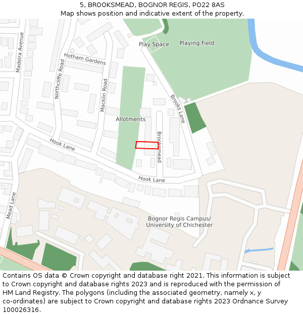 5, BROOKSMEAD, BOGNOR REGIS, PO22 8AS: Location map and indicative extent of plot