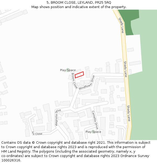 5, BROOM CLOSE, LEYLAND, PR25 5RQ: Location map and indicative extent of plot
