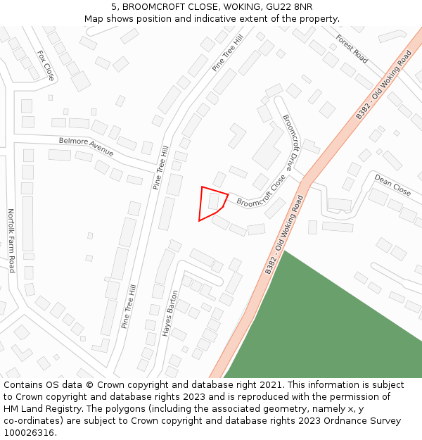 5, BROOMCROFT CLOSE, WOKING, GU22 8NR: Location map and indicative extent of plot