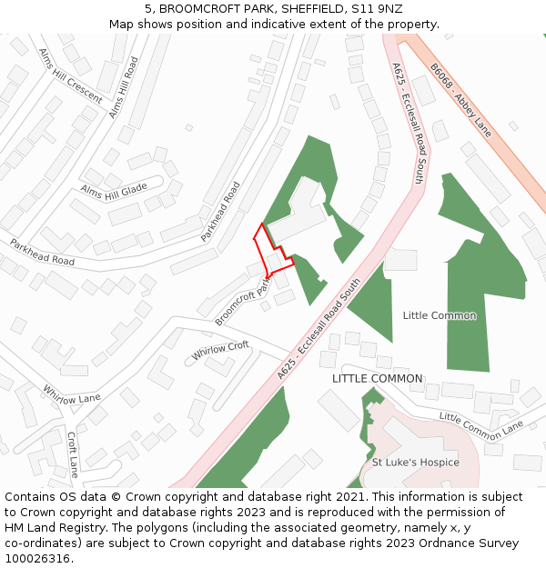 5, BROOMCROFT PARK, SHEFFIELD, S11 9NZ: Location map and indicative extent of plot