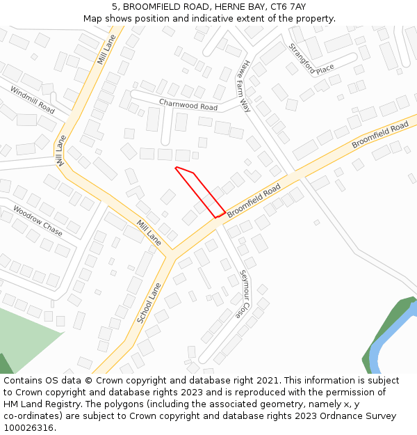 5, BROOMFIELD ROAD, HERNE BAY, CT6 7AY: Location map and indicative extent of plot