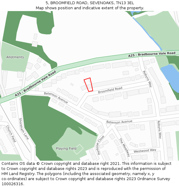 5, BROOMFIELD ROAD, SEVENOAKS, TN13 3EL: Location map and indicative extent of plot