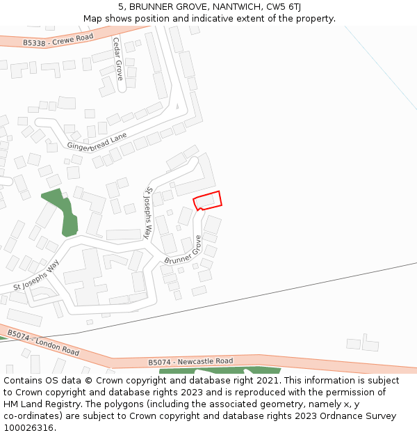 5, BRUNNER GROVE, NANTWICH, CW5 6TJ: Location map and indicative extent of plot