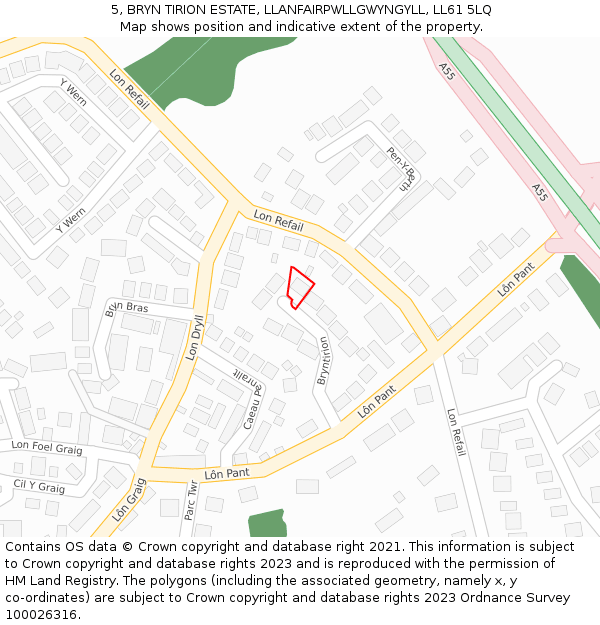 5, BRYN TIRION ESTATE, LLANFAIRPWLLGWYNGYLL, LL61 5LQ: Location map and indicative extent of plot