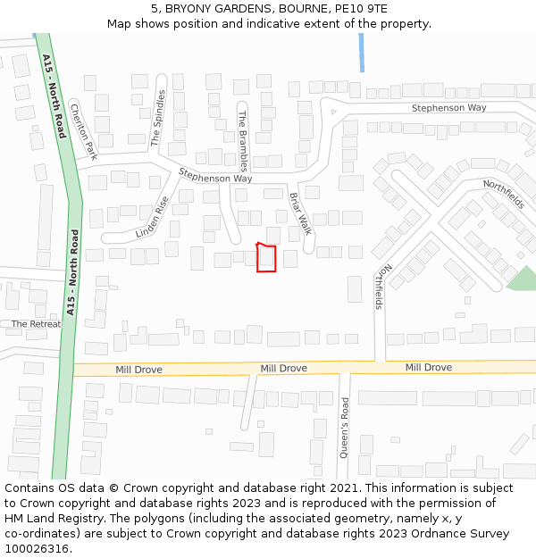 5, BRYONY GARDENS, BOURNE, PE10 9TE: Location map and indicative extent of plot