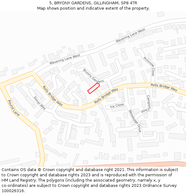 5, BRYONY GARDENS, GILLINGHAM, SP8 4TR: Location map and indicative extent of plot