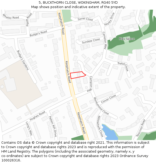 5, BUCKTHORN CLOSE, WOKINGHAM, RG40 5YD: Location map and indicative extent of plot