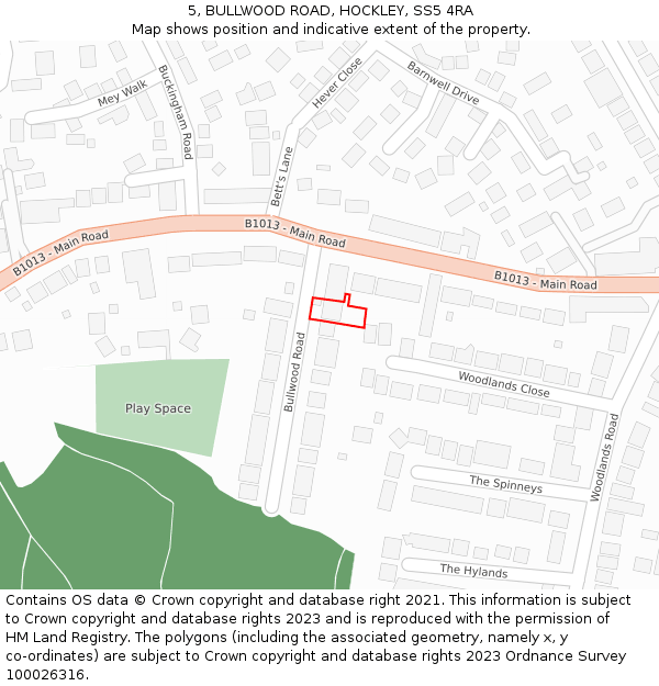 5, BULLWOOD ROAD, HOCKLEY, SS5 4RA: Location map and indicative extent of plot