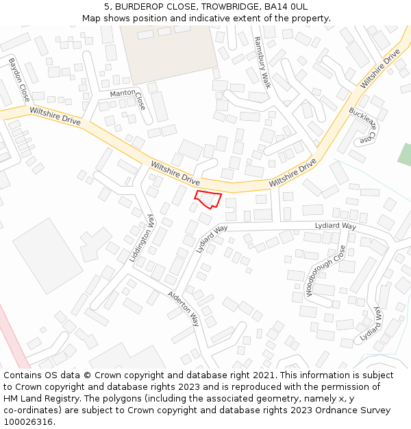 5, BURDEROP CLOSE, TROWBRIDGE, BA14 0UL: Location map and indicative extent of plot