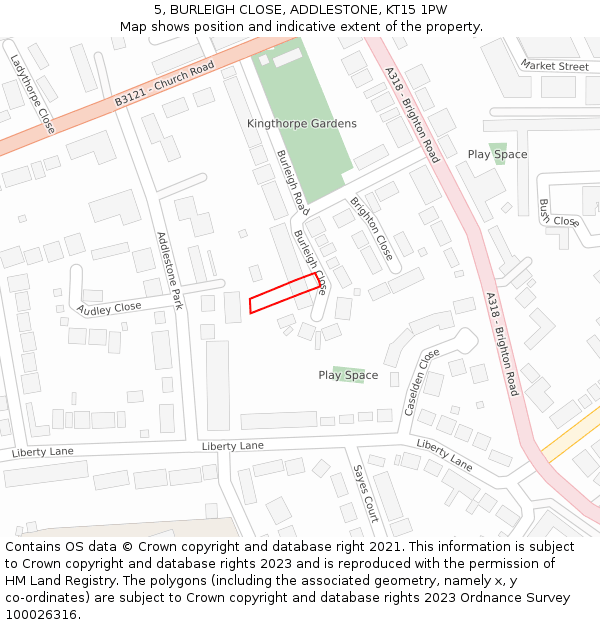 5, BURLEIGH CLOSE, ADDLESTONE, KT15 1PW: Location map and indicative extent of plot