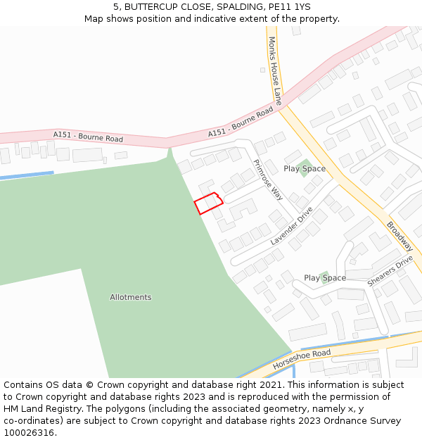 5, BUTTERCUP CLOSE, SPALDING, PE11 1YS: Location map and indicative extent of plot