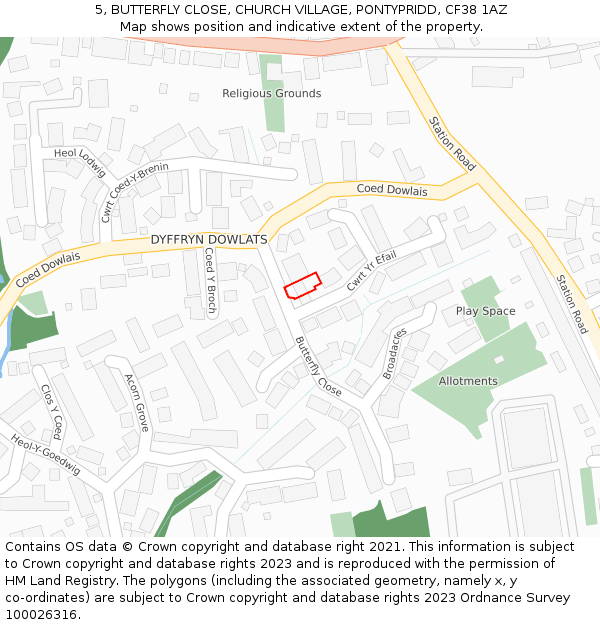 5, BUTTERFLY CLOSE, CHURCH VILLAGE, PONTYPRIDD, CF38 1AZ: Location map and indicative extent of plot