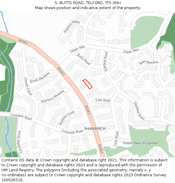 5, BUTTS ROAD, TELFORD, TF5 0NH: Location map and indicative extent of plot