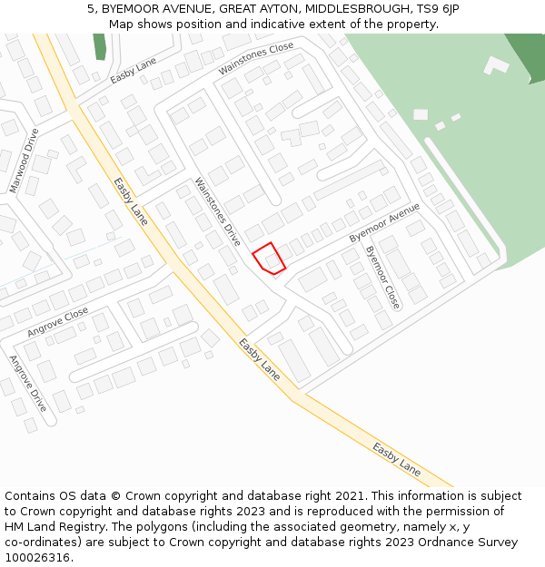 5, BYEMOOR AVENUE, GREAT AYTON, MIDDLESBROUGH, TS9 6JP: Location map and indicative extent of plot