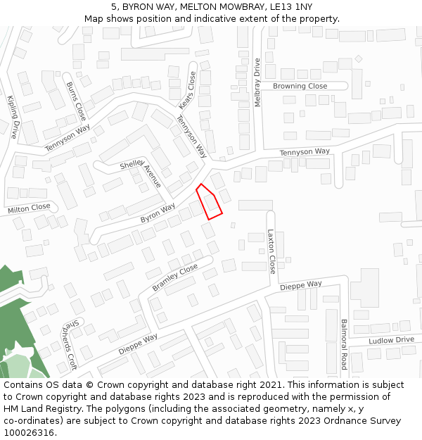 5, BYRON WAY, MELTON MOWBRAY, LE13 1NY: Location map and indicative extent of plot