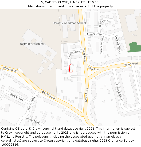 5, CADEBY CLOSE, HINCKLEY, LE10 0EL: Location map and indicative extent of plot