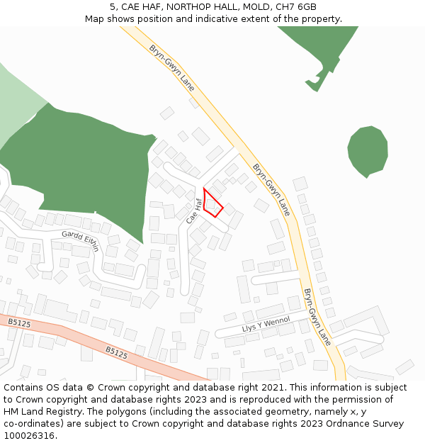 5, CAE HAF, NORTHOP HALL, MOLD, CH7 6GB: Location map and indicative extent of plot