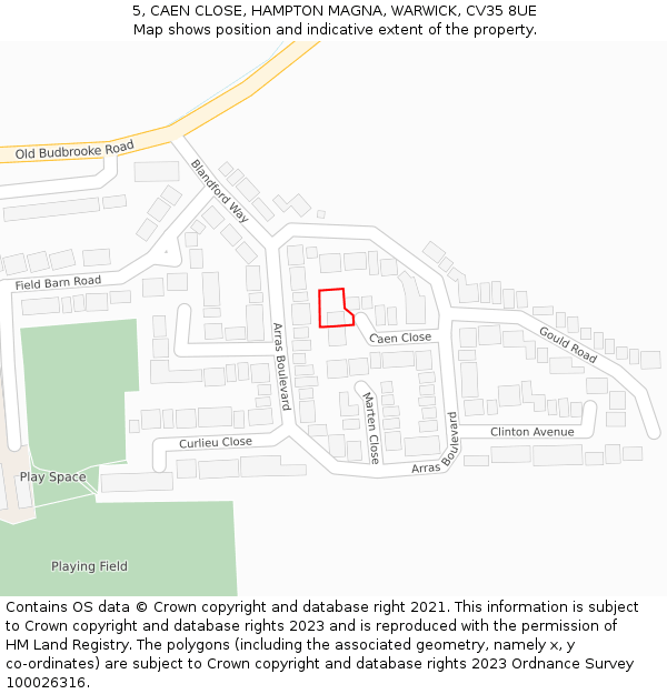 5, CAEN CLOSE, HAMPTON MAGNA, WARWICK, CV35 8UE: Location map and indicative extent of plot