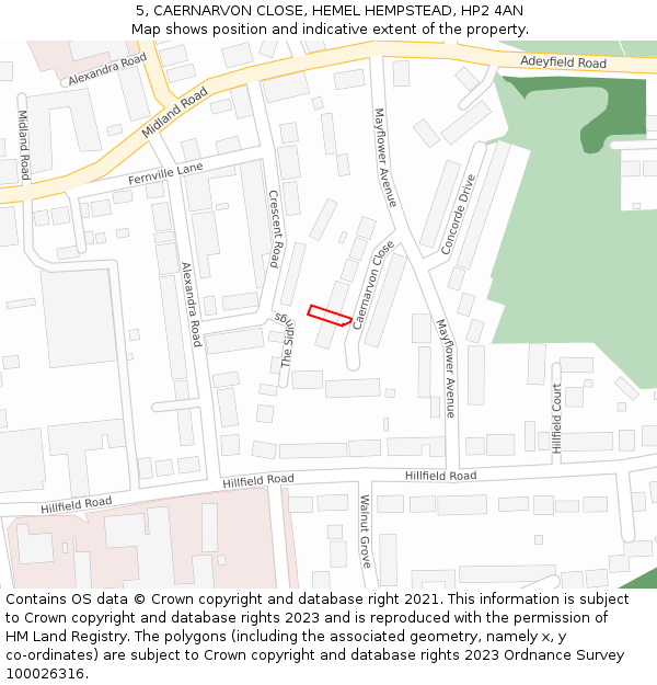 5, CAERNARVON CLOSE, HEMEL HEMPSTEAD, HP2 4AN: Location map and indicative extent of plot