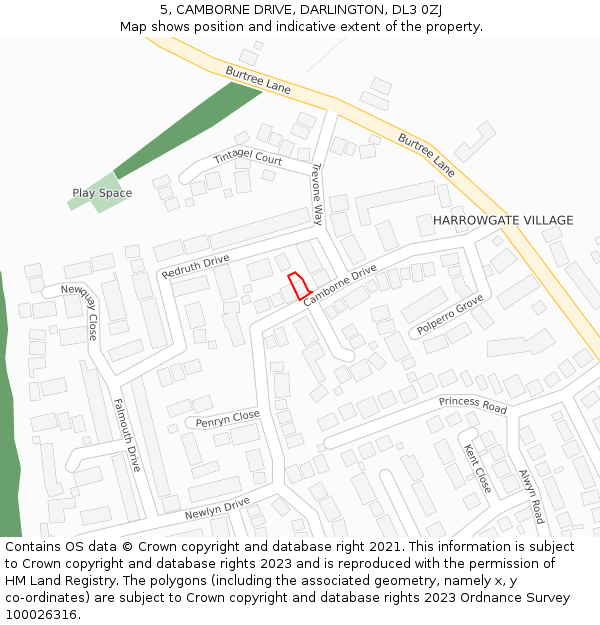 5, CAMBORNE DRIVE, DARLINGTON, DL3 0ZJ: Location map and indicative extent of plot