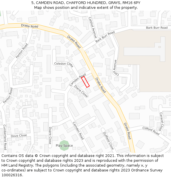 5, CAMDEN ROAD, CHAFFORD HUNDRED, GRAYS, RM16 6PY: Location map and indicative extent of plot