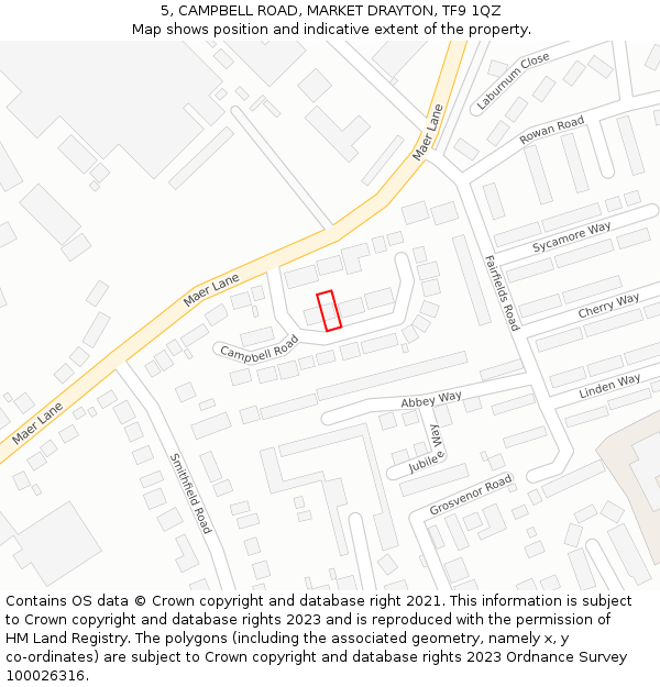 5, CAMPBELL ROAD, MARKET DRAYTON, TF9 1QZ: Location map and indicative extent of plot