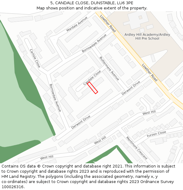 5, CANDALE CLOSE, DUNSTABLE, LU6 3PE: Location map and indicative extent of plot