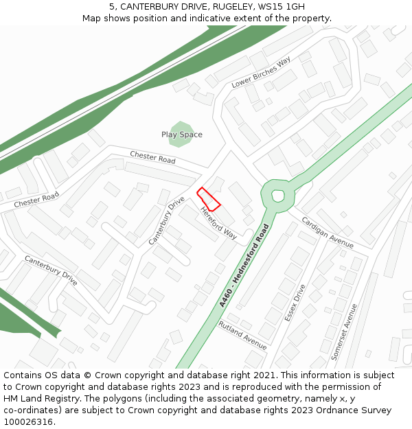 5, CANTERBURY DRIVE, RUGELEY, WS15 1GH: Location map and indicative extent of plot