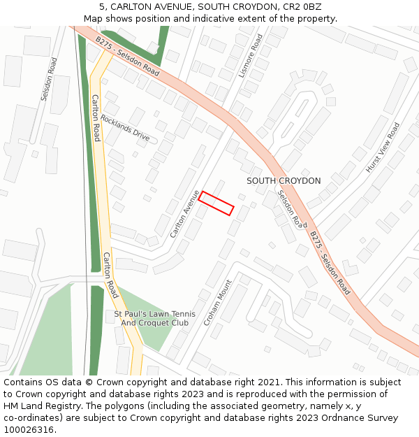 5, CARLTON AVENUE, SOUTH CROYDON, CR2 0BZ: Location map and indicative extent of plot