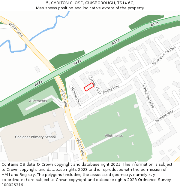 5, CARLTON CLOSE, GUISBOROUGH, TS14 6GJ: Location map and indicative extent of plot