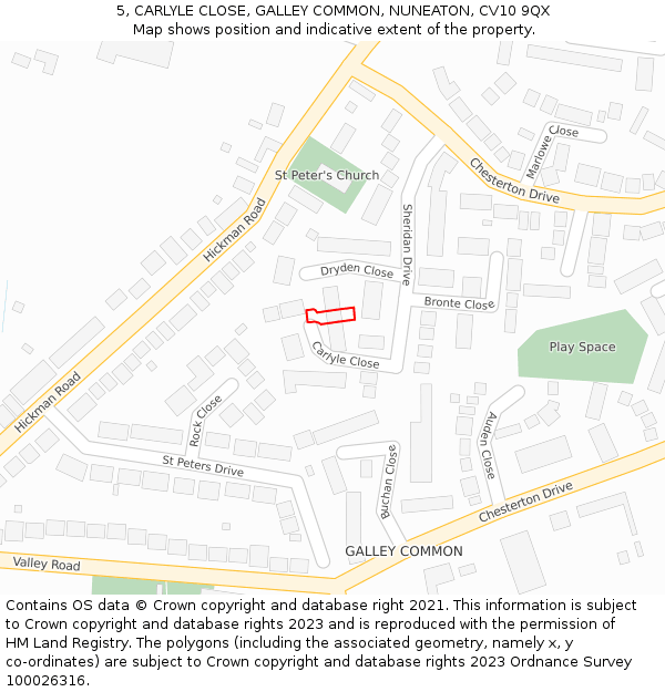 5, CARLYLE CLOSE, GALLEY COMMON, NUNEATON, CV10 9QX: Location map and indicative extent of plot