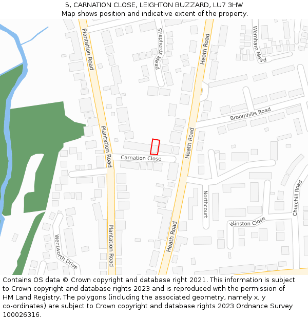 5, CARNATION CLOSE, LEIGHTON BUZZARD, LU7 3HW: Location map and indicative extent of plot