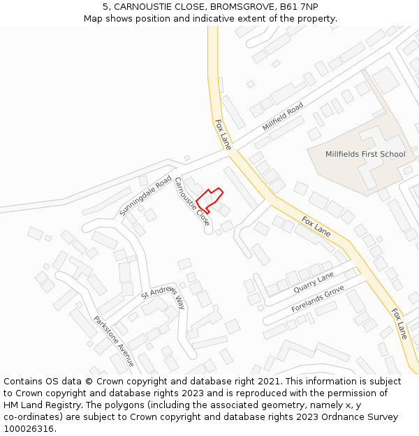 5, CARNOUSTIE CLOSE, BROMSGROVE, B61 7NP: Location map and indicative extent of plot