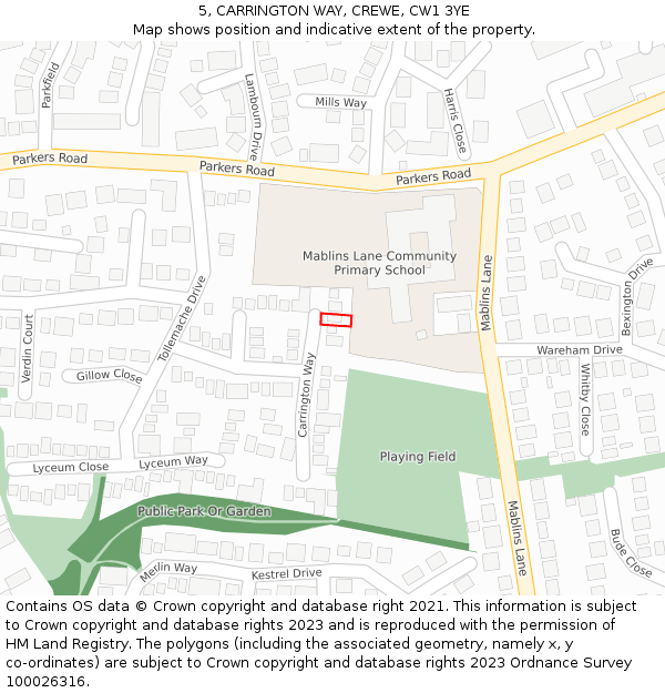 5, CARRINGTON WAY, CREWE, CW1 3YE: Location map and indicative extent of plot